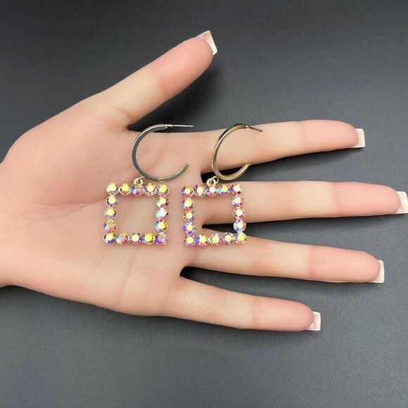 Yellow Gold with Iridescent AB Crystal Dangling Square and Hoop Post Earrings - Picture 10 of 10